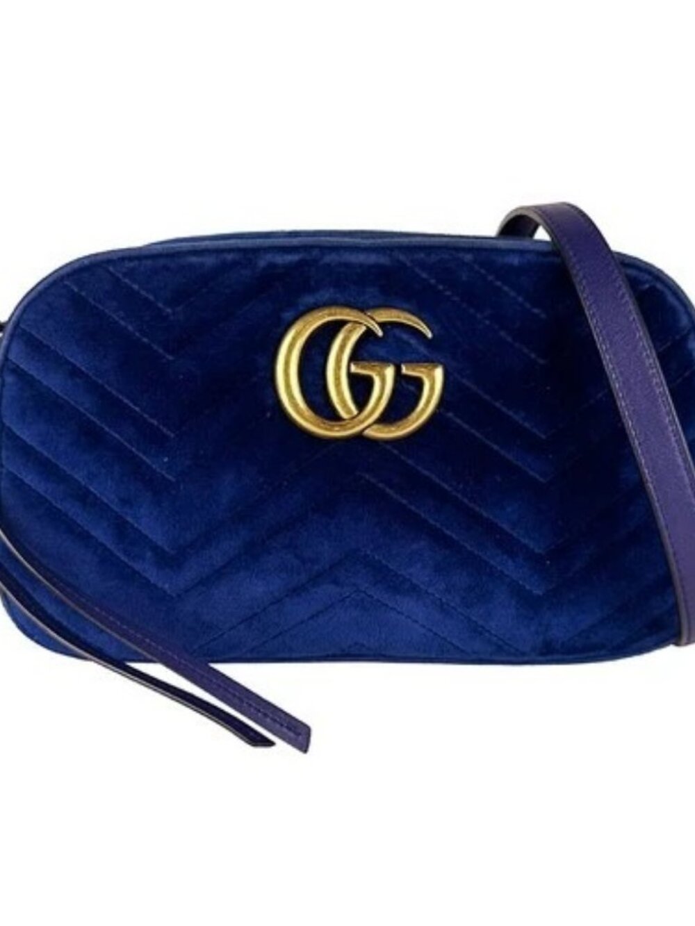 Auth GUCCI GG Marmont Crossbody Shoulder Bag Dark Blue/Gold Velvet/Metal z10743